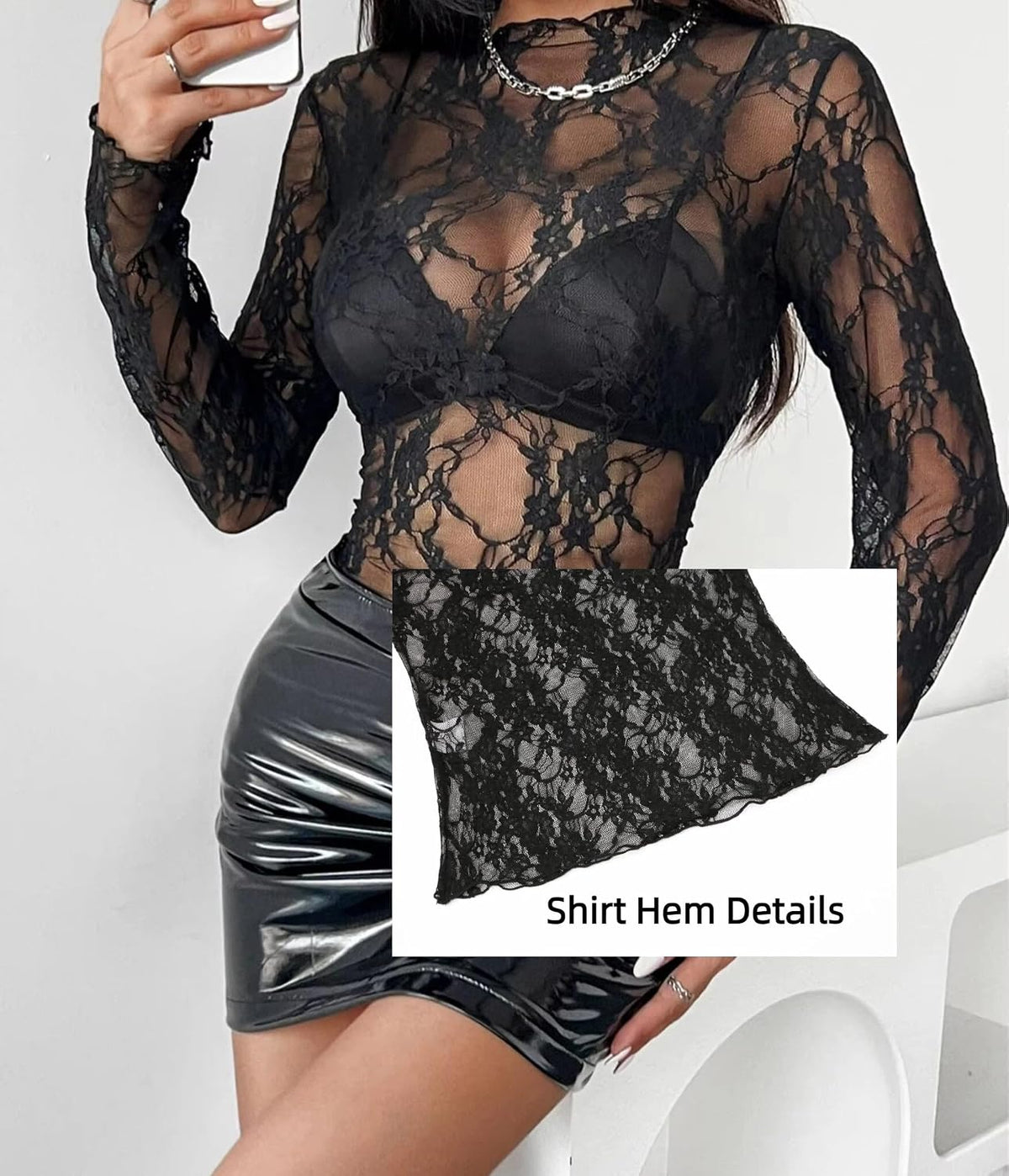 Women's See Through Mesh Top. Mock Neck Long Sleeve Shirt Floral Lace Blouse for Going Out