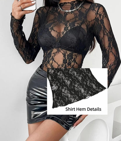 Women's See Through Mesh Top. Mock Neck Long Sleeve Shirt Floral Lace Blouse for Going Out