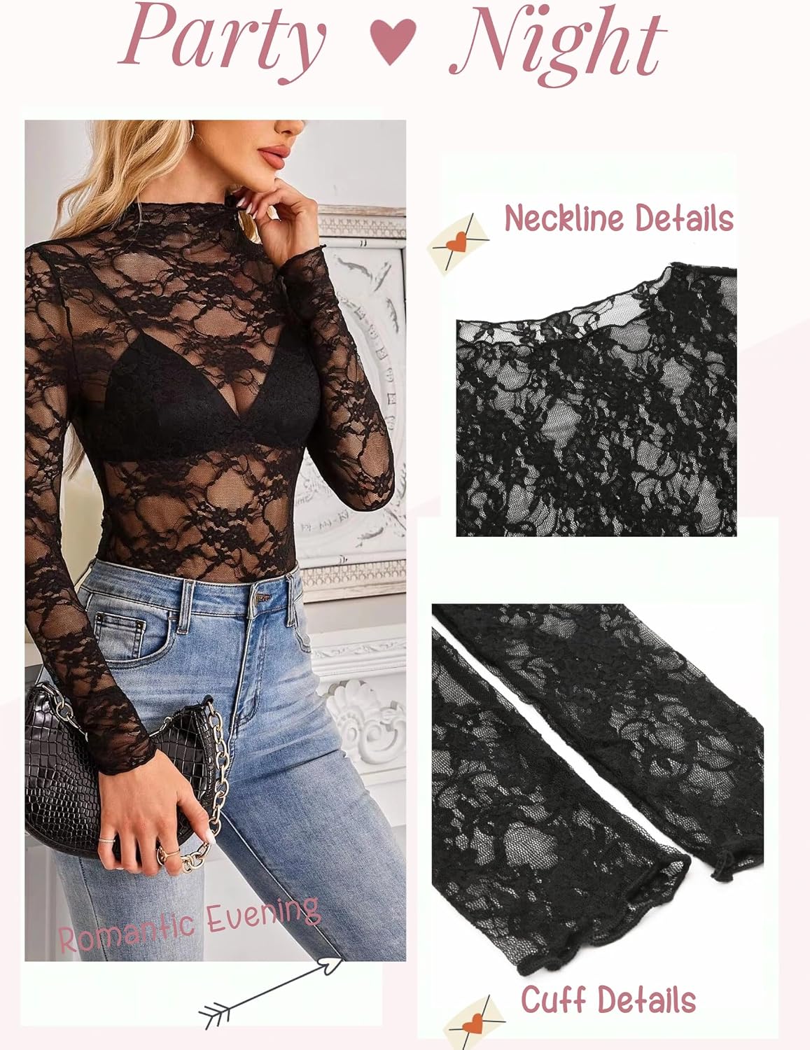 Women's See Through Mesh Top. Mock Neck Long Sleeve Shirt Floral Lace Blouse for Going Out
