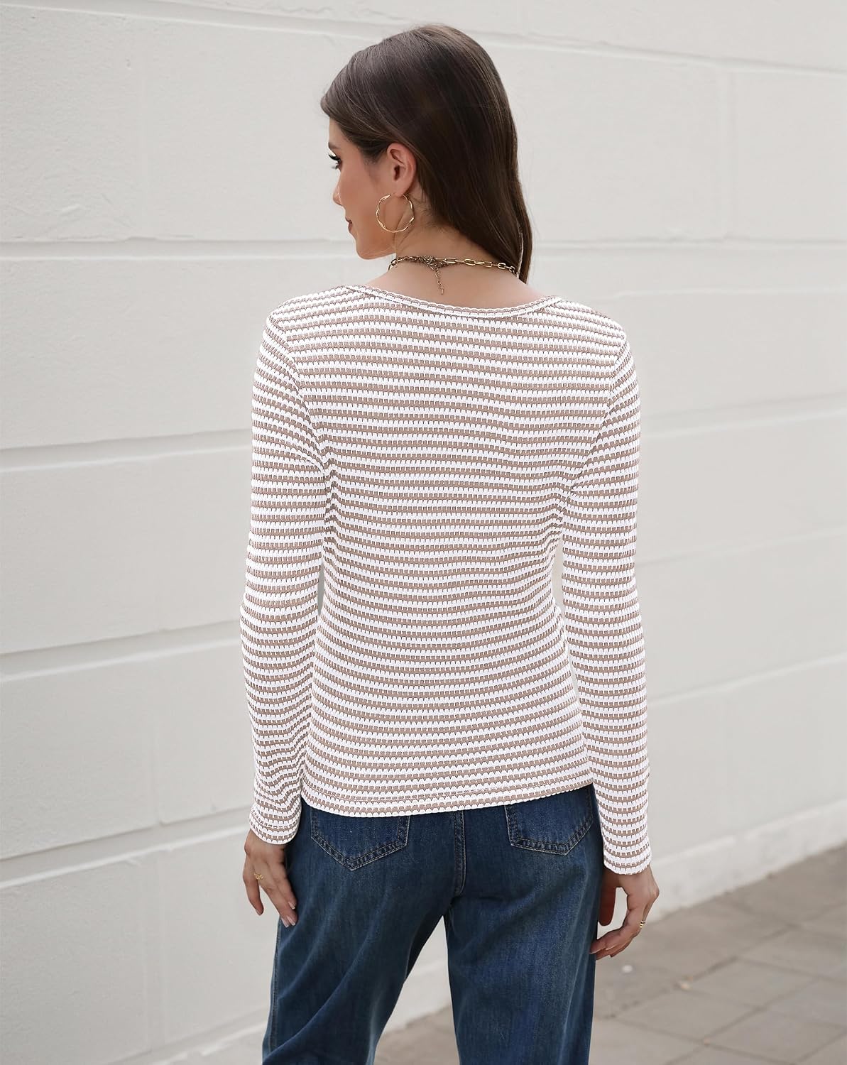 Womens Striped Long Sleeve Shirts Slim Fit Blouses Square Neck Tops