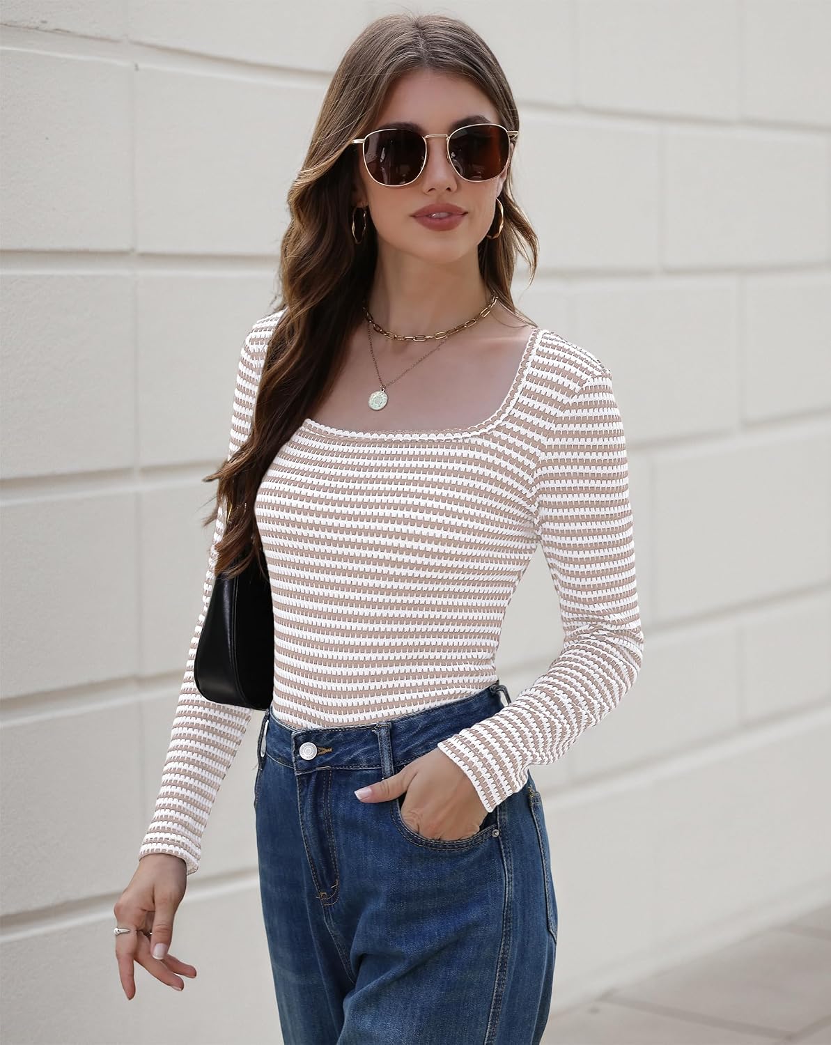 Womens Striped Long Sleeve Shirts Slim Fit Blouses Square Neck Tops
