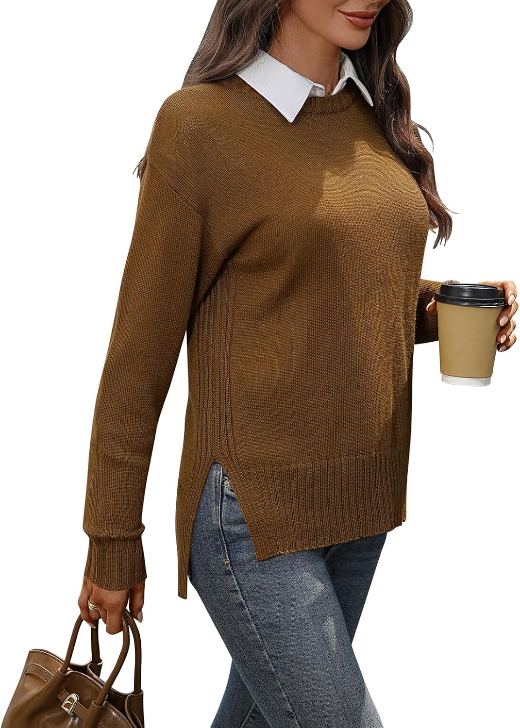 Women's Merino Wool Blend Sweater Crew Neck Side Slit Pullover