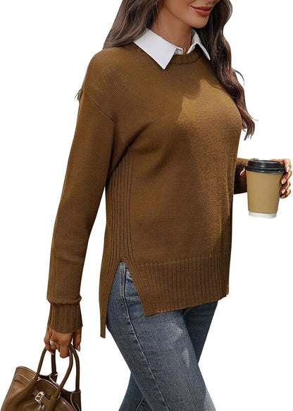 Women's Merino Wool Blend Sweater Crew Neck Side Slit Pullover