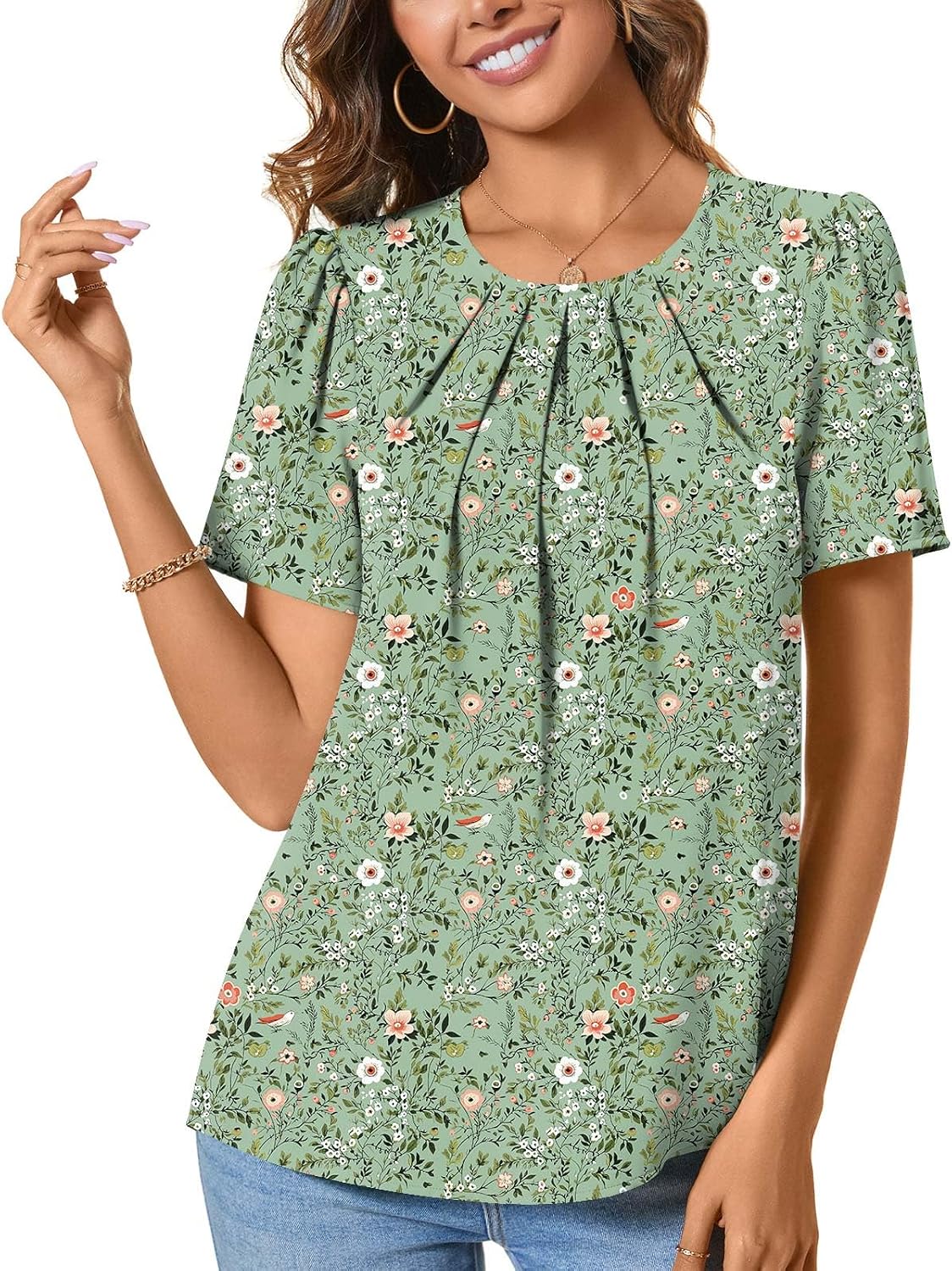 Womens Summer Basic Chiffon Blouse Pleated Crewneck Shirts Casual Trendy Tops