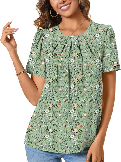 Womens Summer Basic Chiffon Blouse Pleated Crewneck Shirts Casual Trendy Tops