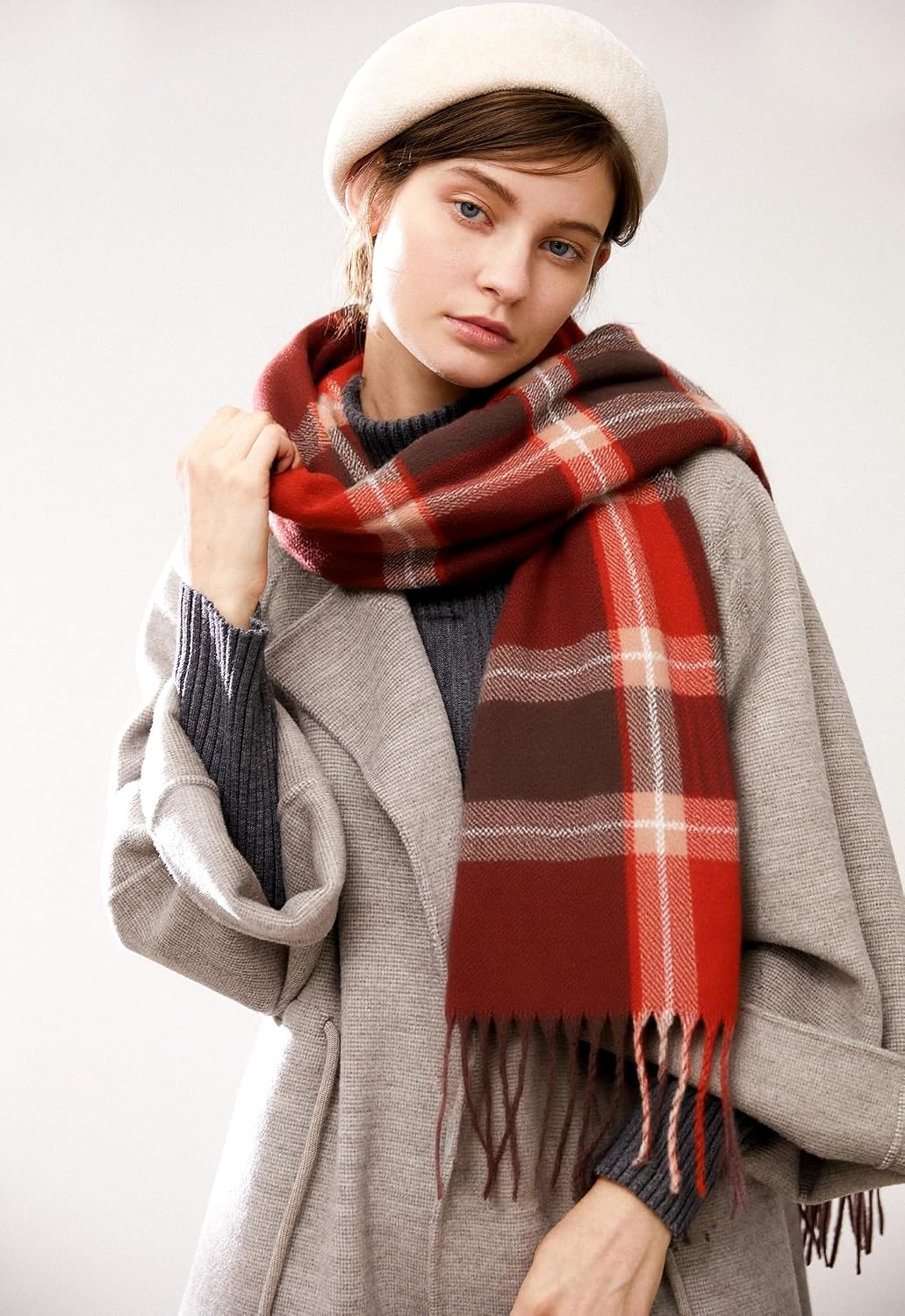 Long Plaid Scarf for Women Men Cold Weather Tartan Tassels Shawls