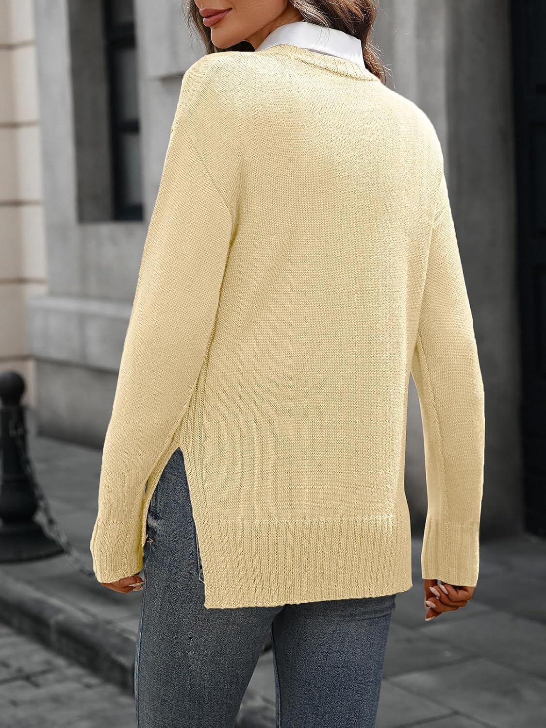 Women's Merino Wool Blend Sweater Crew Neck Side Slit Pullover