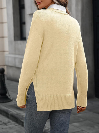 Women's Merino Wool Blend Sweater Crew Neck Side Slit Pullover