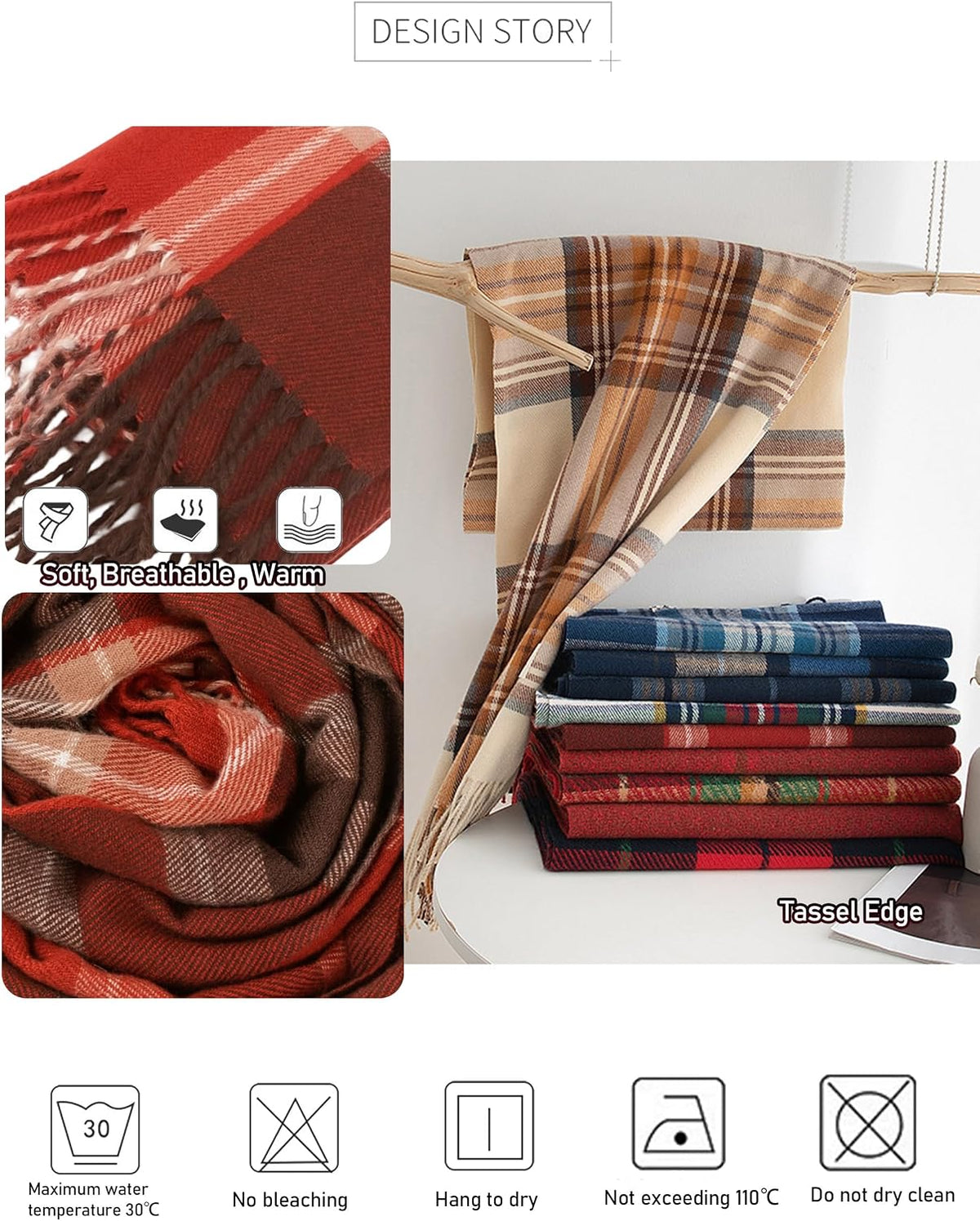 Long Plaid Scarf for Women Men Cold Weather Tartan Tassels Shawls
