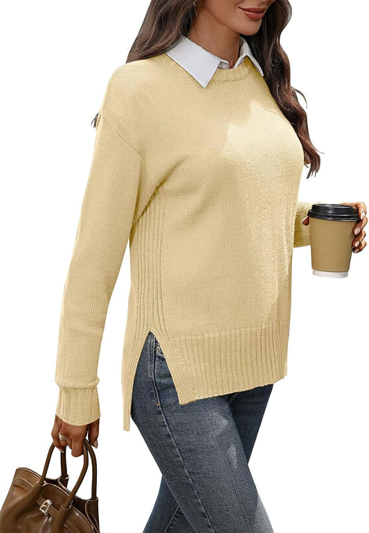 Women's Merino Wool Blend Sweater Crew Neck Side Slit Pullover