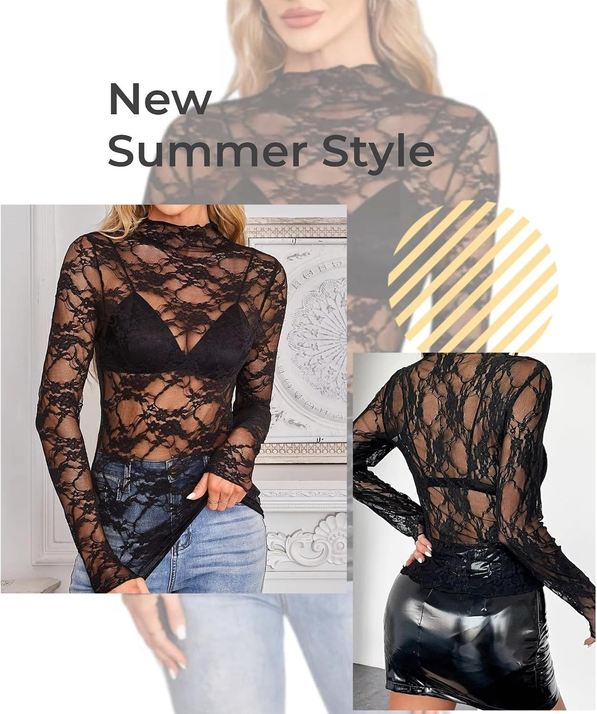 Women's See Through Mesh Top. Mock Neck Long Sleeve Shirt Floral Lace Blouse for Going Out