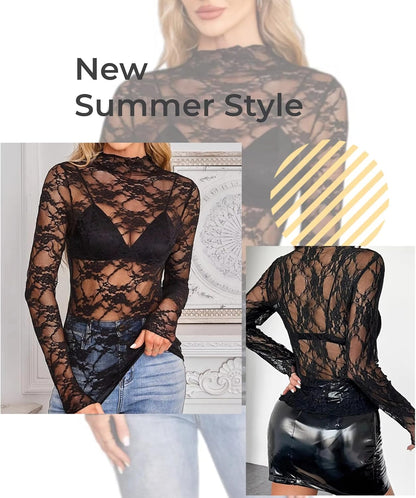 Women's See Through Mesh Top. Mock Neck Long Sleeve Shirt Floral Lace Blouse for Going Out