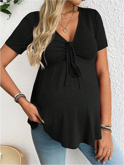 Women's Maternity Clothes Short Sleeve Ruched Front Tie Ruffle Maternity Shirt