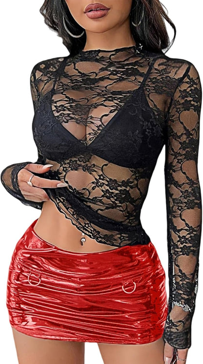 Women's See Through Mesh Top. Mock Neck Long Sleeve Shirt Floral Lace Blouse for Going Out