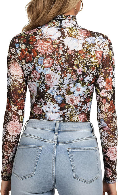 Womens Floral Mesh Long Sleeve Top See Through Slim Fit Blouses