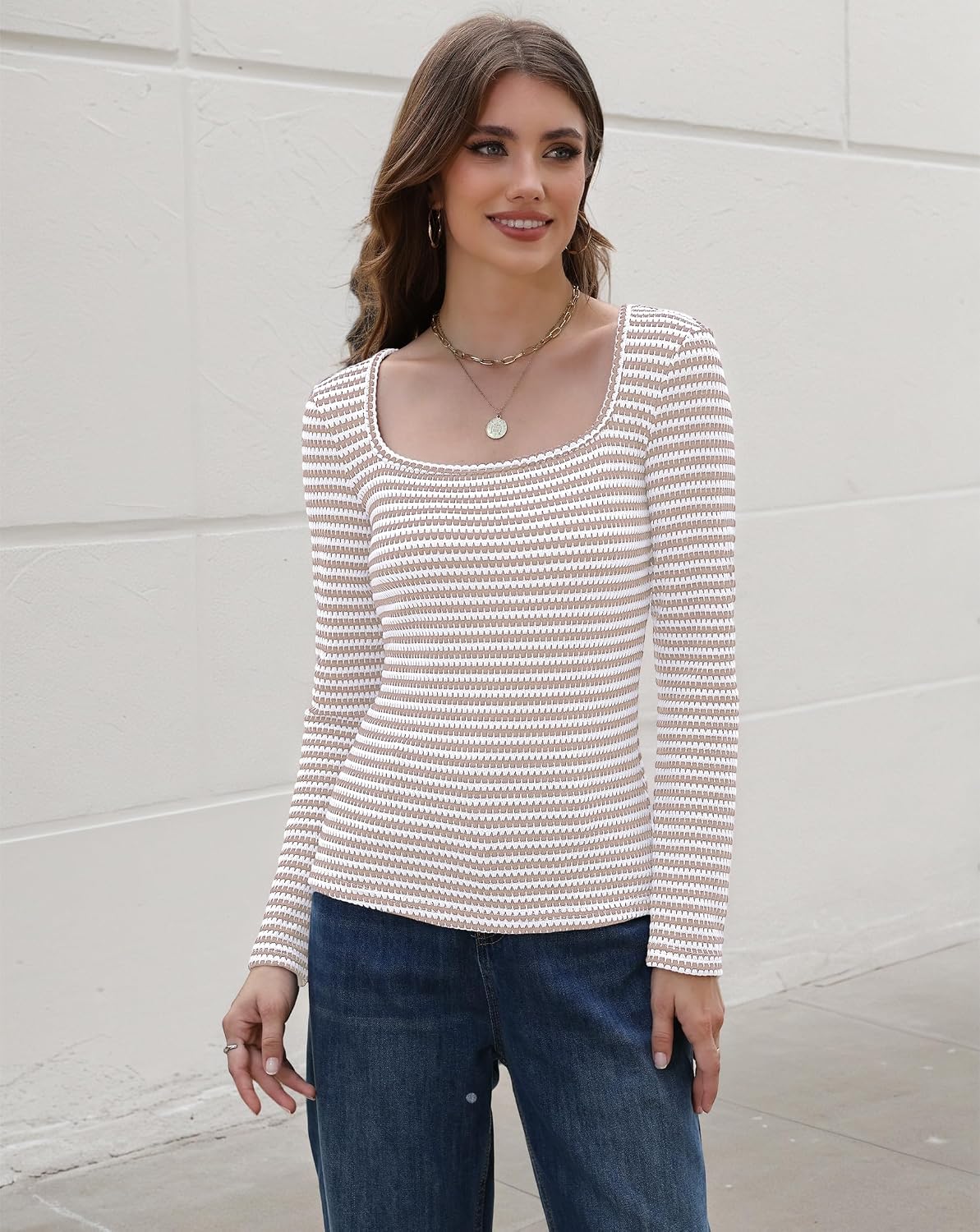 Womens Striped Long Sleeve Shirts Slim Fit Blouses Square Neck Tops