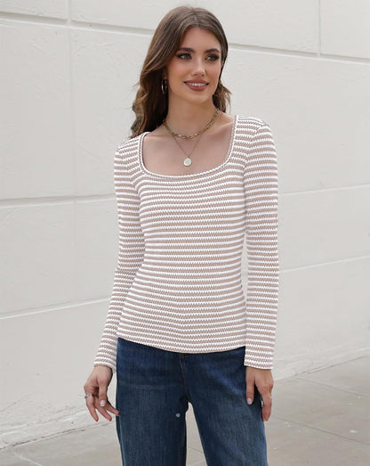 Womens Striped Long Sleeve Shirts Slim Fit Blouses Square Neck Tops