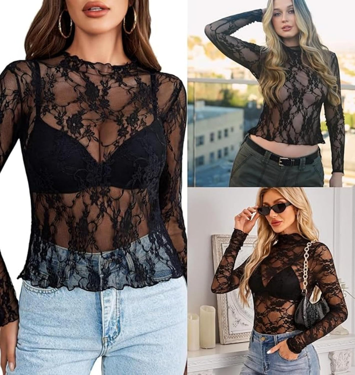 Women's See Through Mesh Top. Mock Neck Long Sleeve Shirt Floral Lace Blouse for Going Out