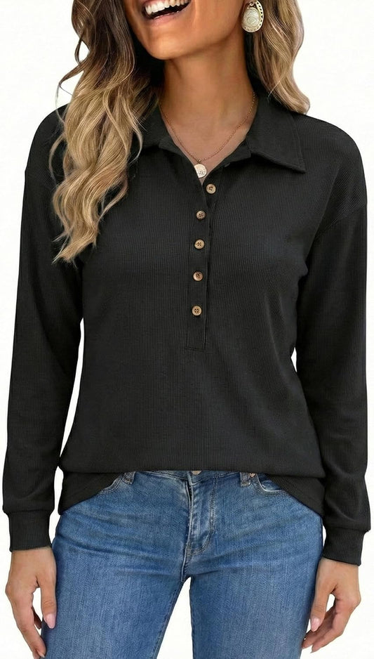 Women's Long Sleeve Henley T Shirts Button Down Loose Fit Tops V Neck Ribbed Knit Shirts