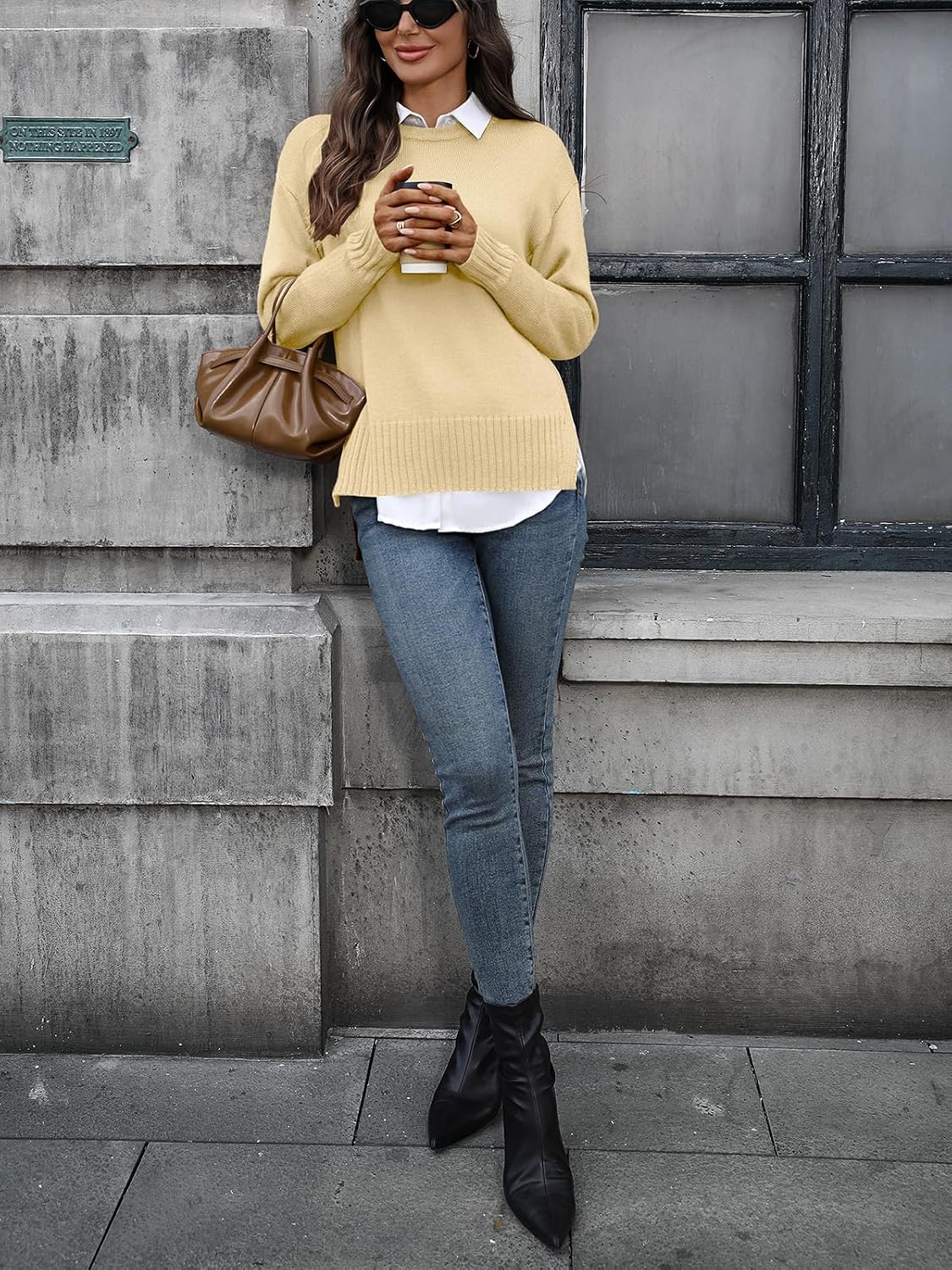 Women's Merino Wool Blend Sweater Crew Neck Side Slit Pullover