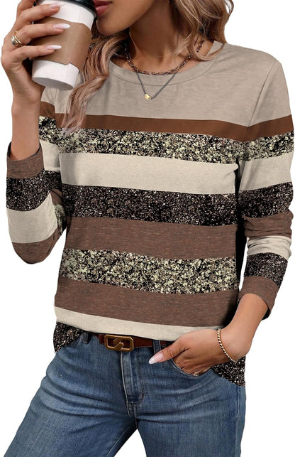 Women Long Sleeve Stripe Tops Fall Fashion Outfits