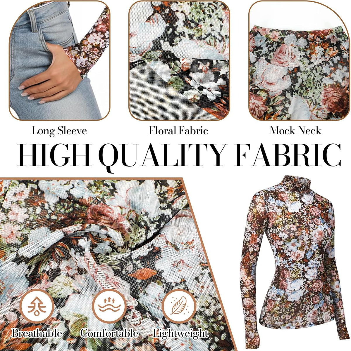 Womens Floral Mesh Long Sleeve Top See Through Slim Fit Blouses